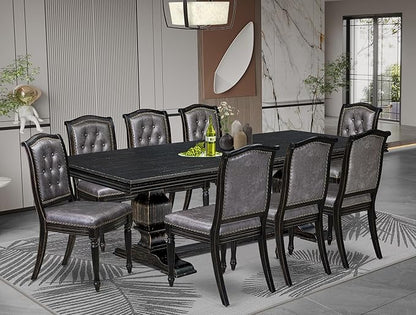 NKMA9-SBB-34, 9-pc Dining Table Set Consists of a Wooden Dining Table and 8 Dark Grey Polyester Fabric Parsons Chairs with Button Tufted Back, Sand Blasting Black Finish