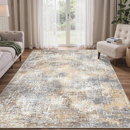 Bavni 8x10 Area Rugs Machine Washable Rug for Living Room, Modern Printed Rug Indoor Soft Area Rug for Bedroom Dining Room, Ultra-Thin Low Pile Carpet with Non Slip Rubber Backing, Ocher Gray