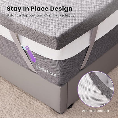 SINWEEK 3 Inch Gel Memory Foam Mattress Topper Twin Size, Pad for Back Pain, Bed Topper with Removable Soft Cover, CertiPUR-US Certified…,Grey