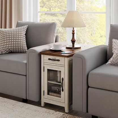 LINSY HOME End Table Set of 2 with Charging Station, Modern Farmhouse Sofa Couch Side Table, Wooden Bedside Table for Living Room, Slim Nightstand with Storage Cabinet for Small Space, Glass Door