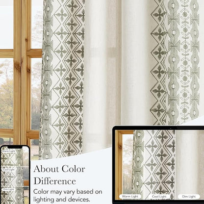 NICETOWN 102" Long Sage Green Embroidered Trim Cream Linen Curtains 2 Panels - Gorgeous Wall Decoration Floor to Ceiling Drapes for Living Room, Boho Style Bronze Grommet Top, W52 x L102
