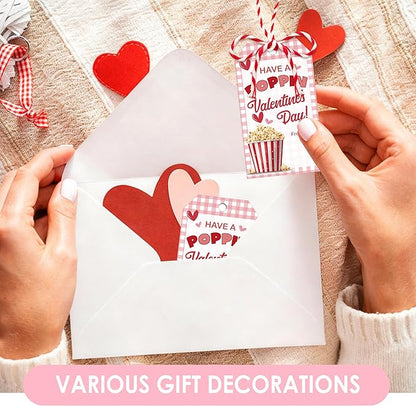 Have A Poppin Valentines Day Sticker Label, 50 Pcs Valentine Gift Tags with String, Gift Tag Paper Tags Labels Idea Valentines Activity School Classroom Party Favors-Pink Plaid