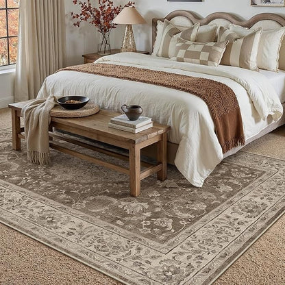 6x9 Area Rug Brown Washable Living Room Vintage Carpet Bedroom Distressed Large Non Slip Low Pile Thin Dining Room Office Medallion Accent Throw Rug