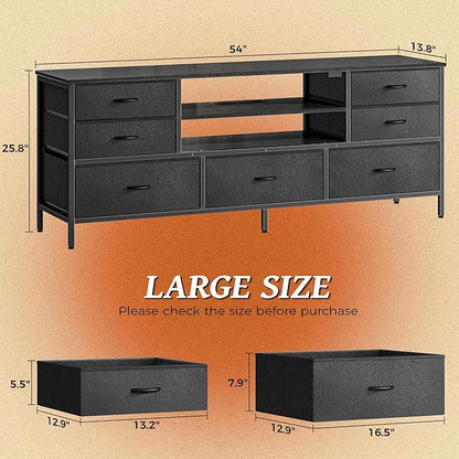 Huuger Dresser for Bedroom With Power Outlets and LED Lights, 7 Drawers TV Stand for 60 Inch TV, Console With Open Shelf, 55 Inches Wide Black, PU Leather