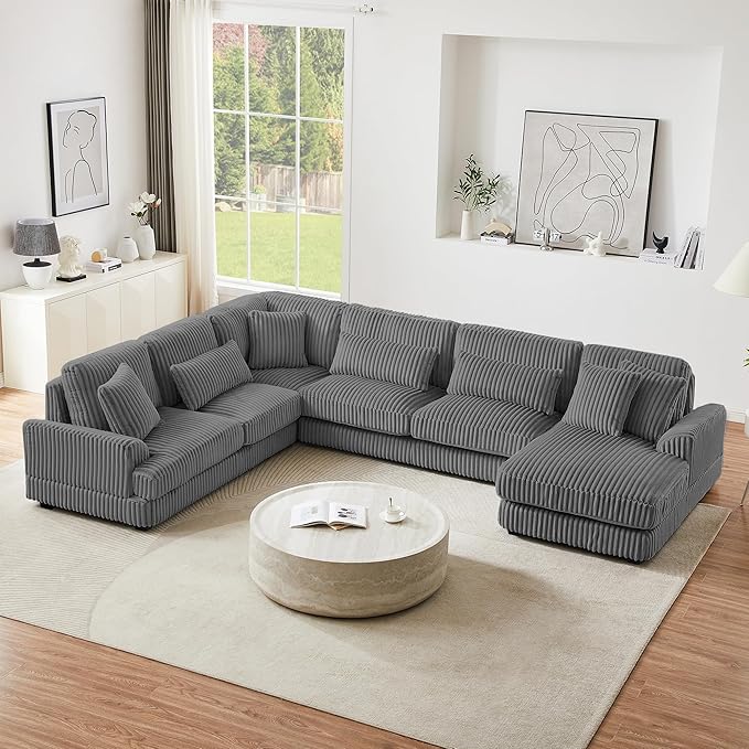 129" Oversized U Shaped Modular Sectional Sofa Couch for Living Room 7 Seater Plush Corduroy Upholstered Large Sofa Deep Seat Cloud Couch with Extra Wide Chaise Lounge and Detachable Thick Cushions