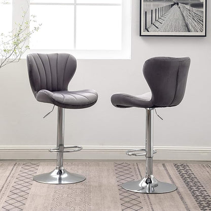 Roundhill Furniture Ellston Velvet Adjustable Swivel Barstools in Gray, Set of 2, Grey