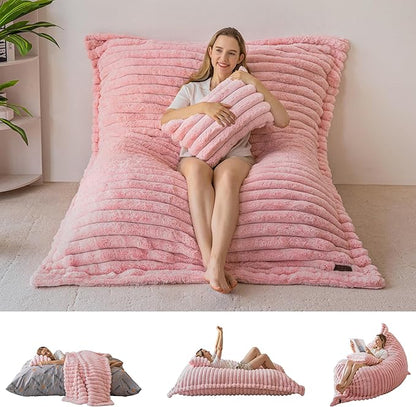 MAXYOYO Giant Bean Bag Chair with Pillow, 3 in 1 Convertible Bean Bag Chair for Adults with Washable Cover, Removable Floor Cushion Stuffed Floor Lounger for Living Room Bedroom, Pink