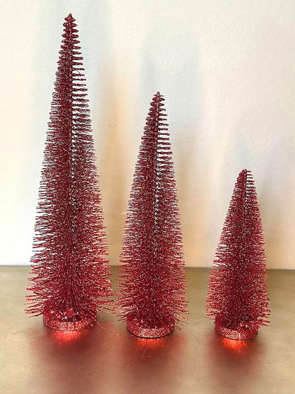 RAZ Imports Set of 3 Bottle Brush Trees – 17”, 14”, 9” Modern Christmas Holiday Winter Décor – Glittery Tabletop Mini Trees for Home Office Shelf Desk Mantel Fireplace Decoration (Red Glittered)