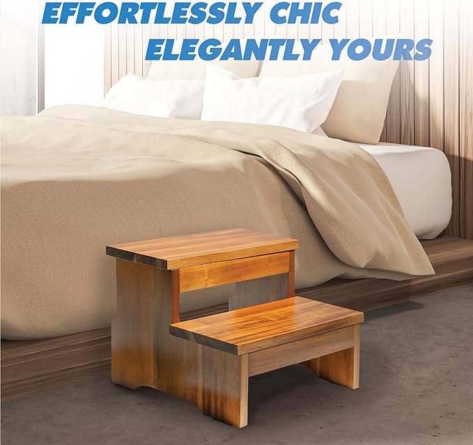 Wooden Two Step Stool, Heavy Duty 2-Step Ladder for Adults & Kids, Supports up to 450lbs for Kitchen, Bathroom or Bedside Use (Acacia Wood)