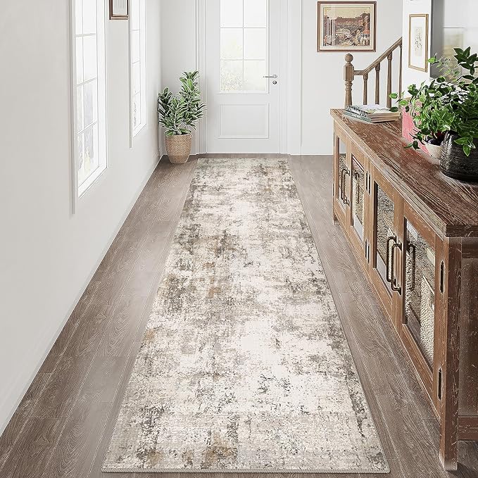 3x10 Washable Runner Rug Brown Grey Neutral Abstract Hallway Kitchen Living Room Bedroom Non Slip Throw Rug Soft Low Pile Indoor Carpet for Entrance Laundry Bathroom