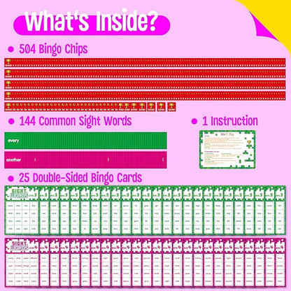 Sight Word Bingo Game, 144 Sight Words Learn to Read Level 3 & Level 4 Bingo Board Game Dolch's & Fry's Words Lists for Kindergarten and Preschool, Grade 1st, 2nd, Kids 4-8 (Up to 25 Players)