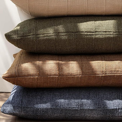 Foindtower Set of 2 Decorative Linen Check Throw Pillow Covers Neutral Farmhouse Vintage Cushion Covers Modern Boho Home Decor for Sofa Chair Couch Bedroom Living Room Outdoor,18×18 Inch,Brick