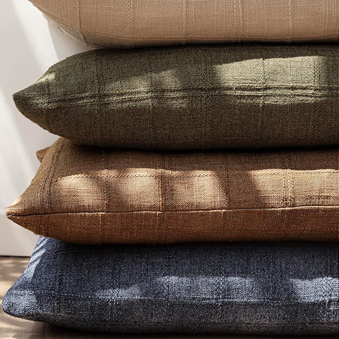 Foindtower Set of 2 Decorative Linen Check Throw Pillow Covers Neutral Farmhouse Vintage Cushion Covers Modern Boho Home Decor for Sofa Chair Couch Bedroom Living Room Outdoor,20×20 Inch,Navy Blue