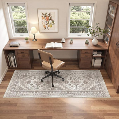 Washable Runner Rug 2x6 Hallway Runner Rug Ultra-Thin Kitchen Rug Non Slip Indoor Floor Foldable Carpet with Low Pile for Entryway Bathroom Laundry Room Living Room(Brown/Beige,2'x6')