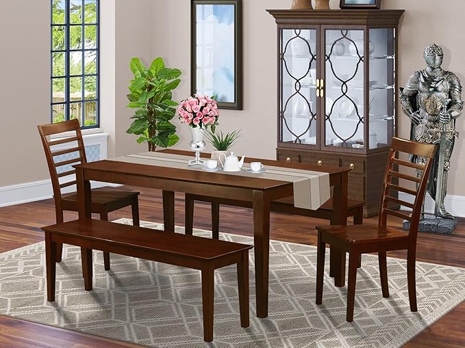 East West Furniture CAML5C-MAH-W 5 Piece Kitchen Table Set for 4 Includes a Rectangle Dining Room Table and 2 Dining Chairs with 2 Benches, 36x60 Inch, Mahogany
