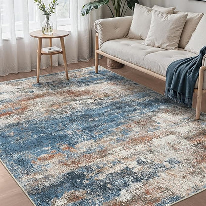 Area Rugs 8x10 for Living Room Bedroom, Modern Abstract Machine Washable Rug, Large Soft Low Pile Floor Carpet with Non Slip Backing for Dining Room, Blue/Brick