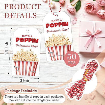 50 Pcs Have A Poppin Valentines Day Sticker Label, Valentine Gift Tags with String, Gift Tag Paper Tags Labels Idea Valentines Activity School Classroom Party Favors