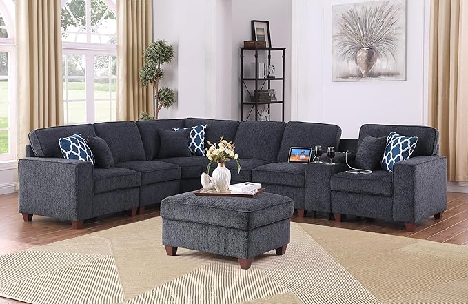 L-Shaped Sectional Couch for Living Room with Movable Ottoman&6 Throw Pillows,7 Seat Chenille Upholstered Sofa W/2 Cup Holder,USB Port&Hidden Storage Box,DIY Combination,Apartment,Dark Gray,127"