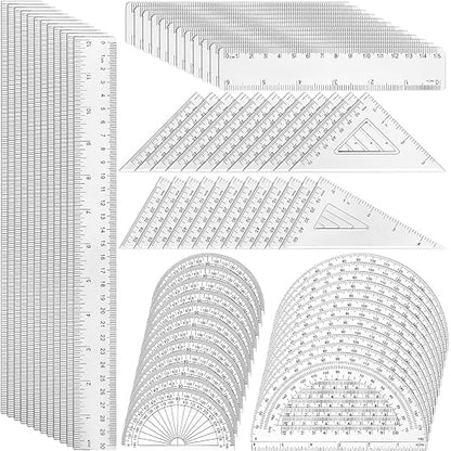 Tenare 72 Pcs Plastic Clear Math Set Includes Protractor Triangle Rulers 12 Inch 6 Inch Straight Geometry Math Transparent Ruler Measuring Tool for Office Home Supplies