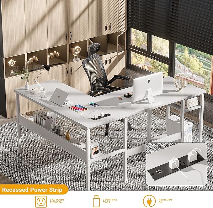 Unikito Reversible L Shaped Computer Desk with Magic Power Outlets and USB Charging Ports, Sturdy Corner Desk with Storage Shelves, Durable Work Desk for Home Office, Easy to Assemble, White