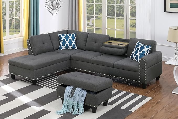 Ball & Cast 98" L Shaped Modular Sectional Couch for Living Room with Chaise & Storage Ottoman,4 Seat Linen Upholstered Sectional Sofa Set 3 PCS W/Cup Holders & Coffee Table,for Home,Office,Dark Gray