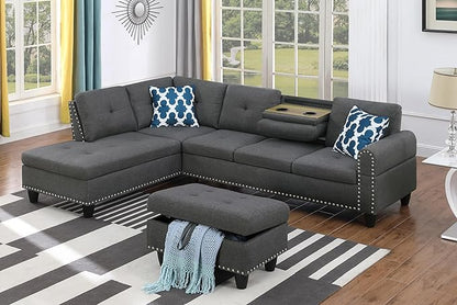 Ball & Cast 98" L Shaped Modular Sectional Couch for Living Room with Chaise & Storage Ottoman,4 Seat Linen Upholstered Sectional Sofa Set 3 PCS W/Cup Holders & Coffee Table,for Home,Office,Dark Gray