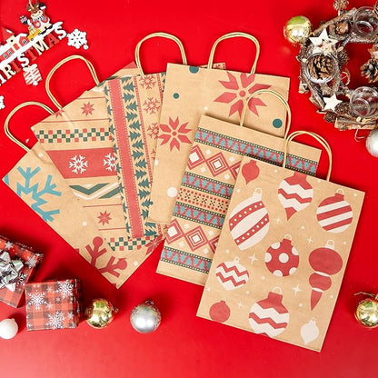 JOYIN 24 PCS Christmas Kraft Gift Bags Xmas Holiday Paper Goody Wrap Shopping Bags with Handles for Holiday Presents, Giant Gifts Decorations, Classrooms and Party Favors (10 x 13 x 5)