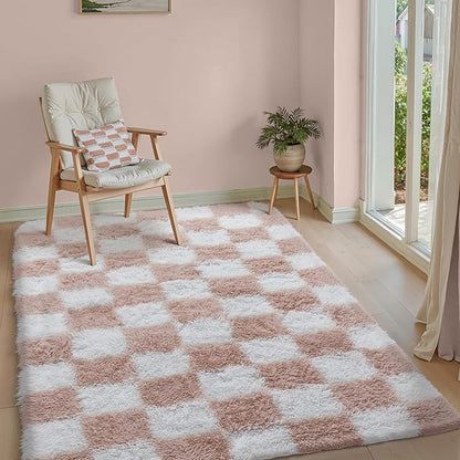 Checkered Rug 4x6 for Living Room, Pink and White Modern Shag Rug Super Soft Washable Fluffy Rugs Indoor Office Fuzzy Carpet for Bedroom Home Dorm Aesthetic Decor