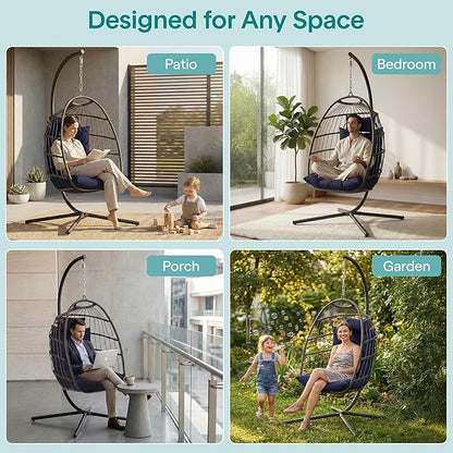 SereneLife Hanging Egg Chair with Stand - Indoor/Outdoor Swing Hammock Chair with Plush Washable Cushions & Headrest, 350LBS Capacity, Ideal for Relaxation in Bedrooms, Balconies, Gardens, and Patios