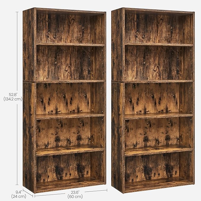 VASAGLE Set of 2 Bookshelves, 23.6 Inches Wide, 5-Tier Open Bookcases with Adjustable Storage Shelves, Floor Standing Units, Rustic Brown ULBC165X01-2