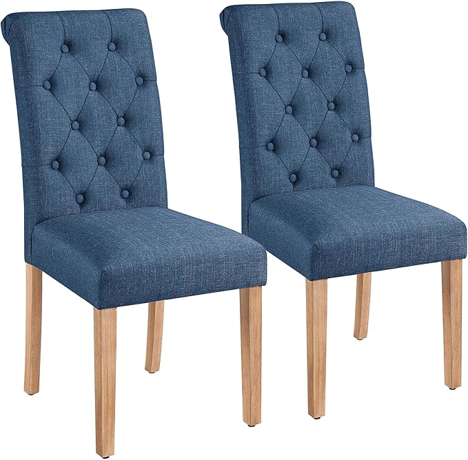Yaheetech Dining Chairs Set of 2 Fabric Upholstered Dining Room Chairs with Button Tufted High Back and Solid Wood Legs for Kitchen/Living Room/Restaurant, Modern Style, Blue