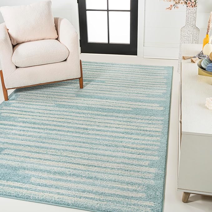 JONATHAN Y Khalil Modern Berber Stripe Turquoise/Cream Indoor Area Rug, 8x10, Contemporary, Bohemian, Easy-Cleaning for Living Room, Bedroom, Kitchen, Pet Friendly, Non-Shedding (MOH207D-8)