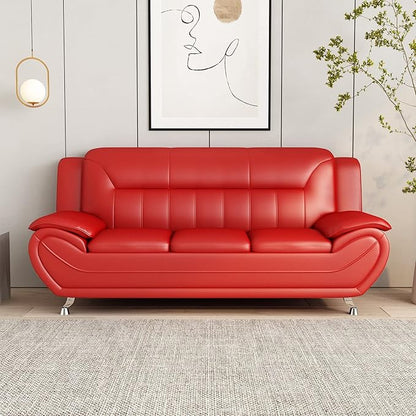 Container Furniture Direct Michael Modern Faux Leather Upholstered Stainless Steel Legs Living Room Sofa, Red