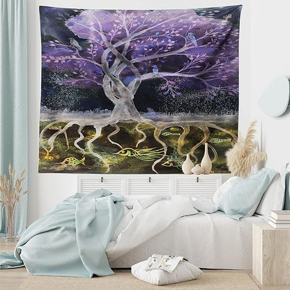 Ambesonne Tree of Life Tapestry King Size, Psychedelic Mysterious Nature at Night Birds and Fishes Home Art, Wall Hanging Bedspread Bed Cover Wall Decor, 104" X 88", Purple Black