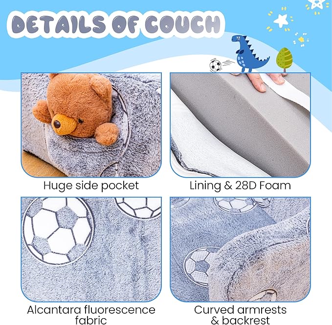 Lamerge 2-in-1 Toddler Couch,Glow in The Dark Baby Floor Bed,Foldable Toddler Chair Kids Sofa for playroom,Convertible Sofa to Lounger for Girls and Boys (Grey and Football)