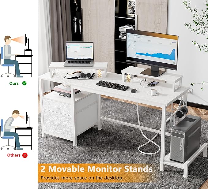 Furologee 47" Computer Desk with File Cabinet and Power Outlets, Home Office Desk with 2 Monitor Stands and Storage Drawer, Writing Gaming Table with Shelves and 2 Hooks for Bedroom, White