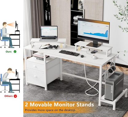 Furologee 47" Computer Desk with File Cabinet and Power Outlets, Home Office Desk with 2 Monitor Stands and Storage Drawer, Writing Gaming Table with Shelves and 2 Hooks for Bedroom, White
