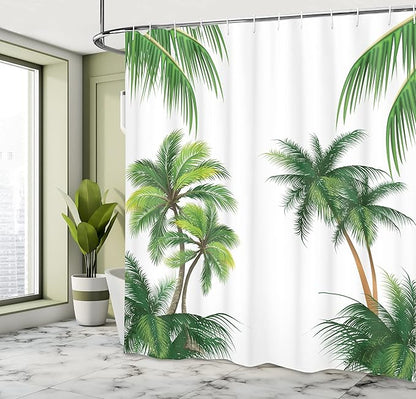 Ambesonne Tropical Shower Curtain, Coconut Palm Tree Nature Paradise Plants Foliage Leaves Digital Illustration, Cloth Fabric Bathroom Decor Set with Hooks, 69" W x 70" L, Hunter Green