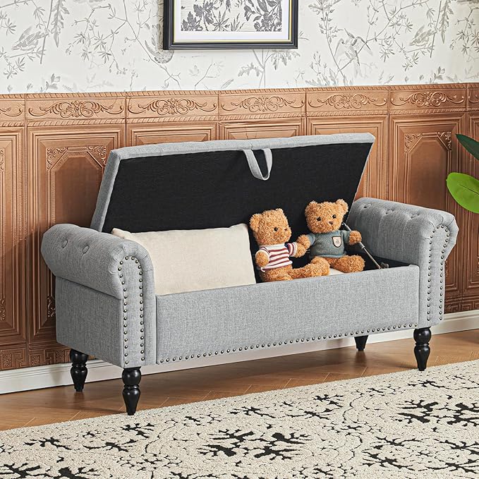 Furniliving 51” Bedroom Bench, End of Bed Bench with Button-Tufted Large Upholstered Storage Bench Ottoman Linen Window Benches with Storage Shoe Cabinet, for Bedroom, Entryway, Closet, Grey