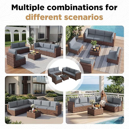 LHBcraft Patio Furniture Set,7 Pieces Outdoor Wicker Rattan Patio Furniture, Wicker Rattan Outdoor Sectional Sofa Set with Coffee Table for Garden, Taupe-Blue