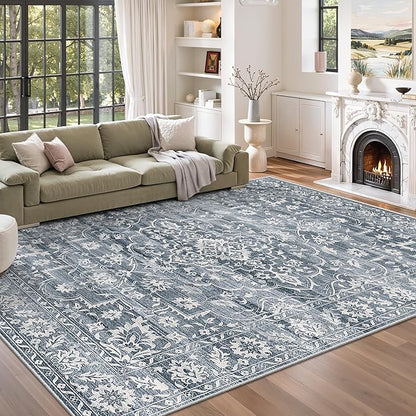5x7 Area Rugs for Living Room, Washable Vintage Floral Non-Slip Low Pile Natural Rug Soft Throw Carpet for Dining Room Bedroom Home Office Nursery (Blue, 5'x7')