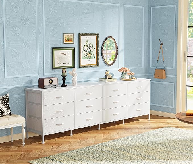 Huuger 70 Inch Dresser for Bedroom, TV Stand for 65, 75, 80 Inch TV, 12 Fabric Drawer Long Dresser, Large Storage Organizer Unit, Wide Chest of Drawer with Storage, for Living Room, White