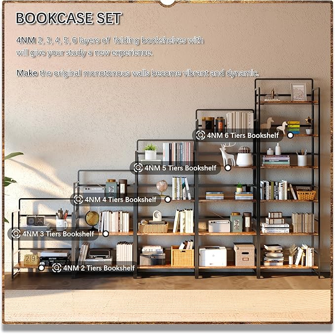 4NM 2 Tiers No-Assembly Folding Bookshelf with Wheels, Portable Rolling Storage Foldable Bookcase & Compact Side Table for Living Room, Bedroom, Kitchen, Bathroom (Rustic Brown and Black)