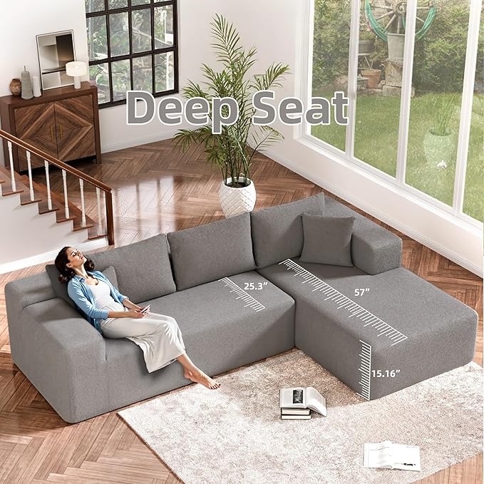 Cloud Sectional Couch, 104”L-Shape Oversized Sofa with Left Chaise Lounge, Modular Sleeper Couch with Pillows & Deep Seat, Rain Drop Velvet Fabric Compressed Sofa for Living Room, Light Gray
