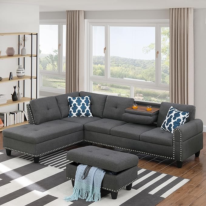 Ball & Cast 98" L Shaped Modular Sectional Couch for Living Room with Chaise & Storage Ottoman,4 Seat Linen Upholstered Sectional Sofa Set 3 PCS W/Cup Holders & Coffee Table,for Home,Office,Dark Gray