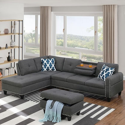 Ball & Cast 98" L Shaped Modular Sectional Couch for Living Room with Chaise & Storage Ottoman,4 Seat Linen Upholstered Sectional Sofa Set 3 PCS W/Cup Holders & Coffee Table,for Home,Office,Dark Gray