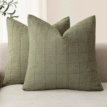 Foindtower Set of 2 Decorative Linen Check Throw Pillow Covers Neutral Farmhouse Vintage Cushion Covers Modern Boho Home Decor for Sofa Chair Couch Bedroom Living Room Outdoor,16×16 Inch,Sage Green