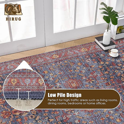 Washable Area Rug 9' x 12' Vintage Traditional Persian Mat - Foldable Distressed Non-Slip Machine Washable Carpet for Living Room Bedroom Kitchen Home Decor - Indigo and Crimson