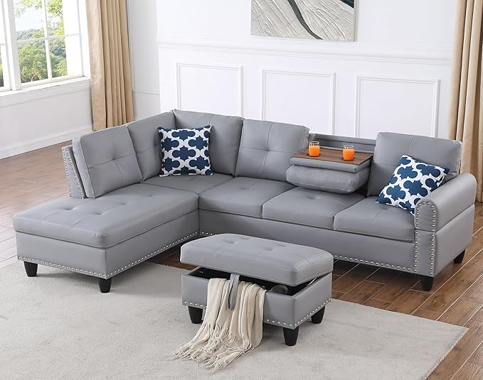 Ball & Cast 98" L Shaped Sectional Couch for Living Room with Storage Ottoman&Nailhead Trim,4 Seat Faux Leather Upholstered Modular Sectional Sofa Set 3 PCS W/Chaise&Cup Holders,for Home,Office,Gray