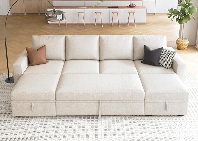 HONBAY Modular Sectional Sleeper Sofa Bed, Sectional Couch with Pull Out Bed U Shaped Modular Couch with Storage Ottoman for Living Room, Beige